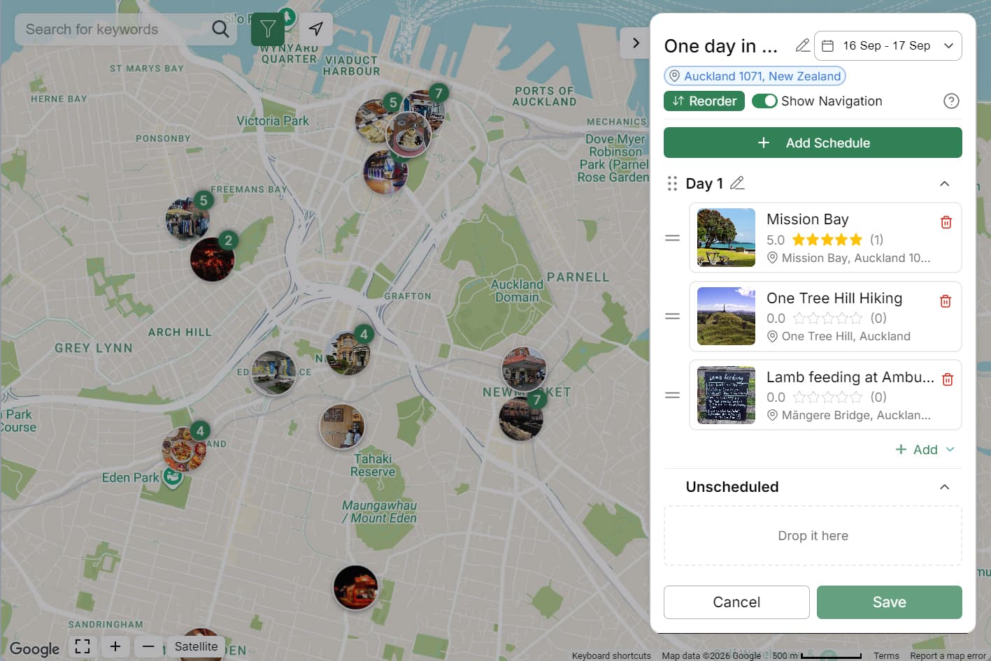 TrekEvo map and day planning view with saved places